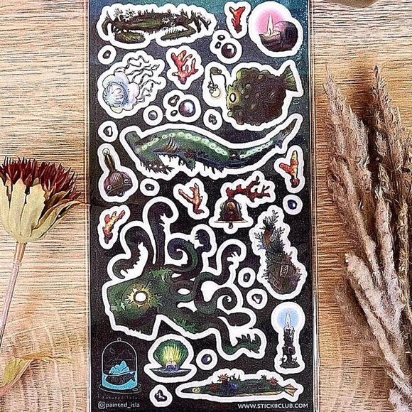 3 for $15 - Underwater Deep Sea Monsters Sticker Sheet - Into the Deep Stickers - Picture 1 of 13